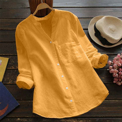 Women’s Linen Collarless Shirt – Breathable Long-Sleeve Layer for Warm Days