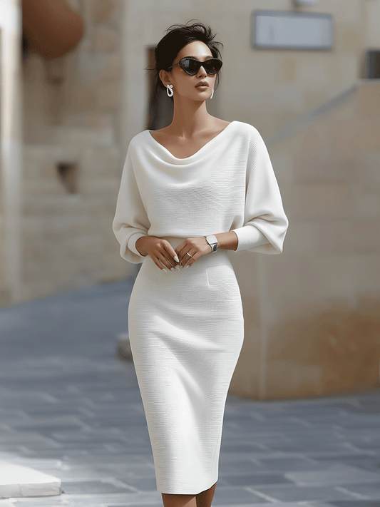 Women’s Bodycon Midi Dress – Draped Neckline Batwing Sleeve Style for Elegant Events