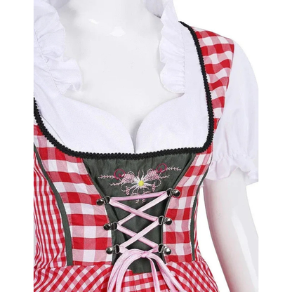 Women’s Check Dirndl Dress – Lace-Up Oktoberfest Midi for Traditional Celebrations
