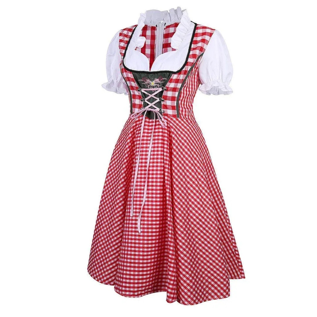 Women’s Check Dirndl Dress – Lace-Up Oktoberfest Midi for Traditional Celebrations