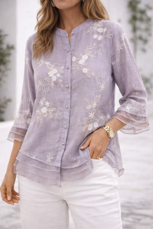 Women’s Blouse – Floral Embroidered Blouse with Sheer Three-Quarter Sleeves