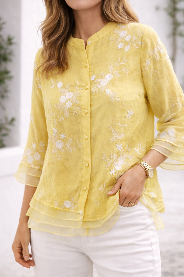 Women’s Blouse – Floral Embroidered Blouse with Sheer Three-Quarter Sleeves