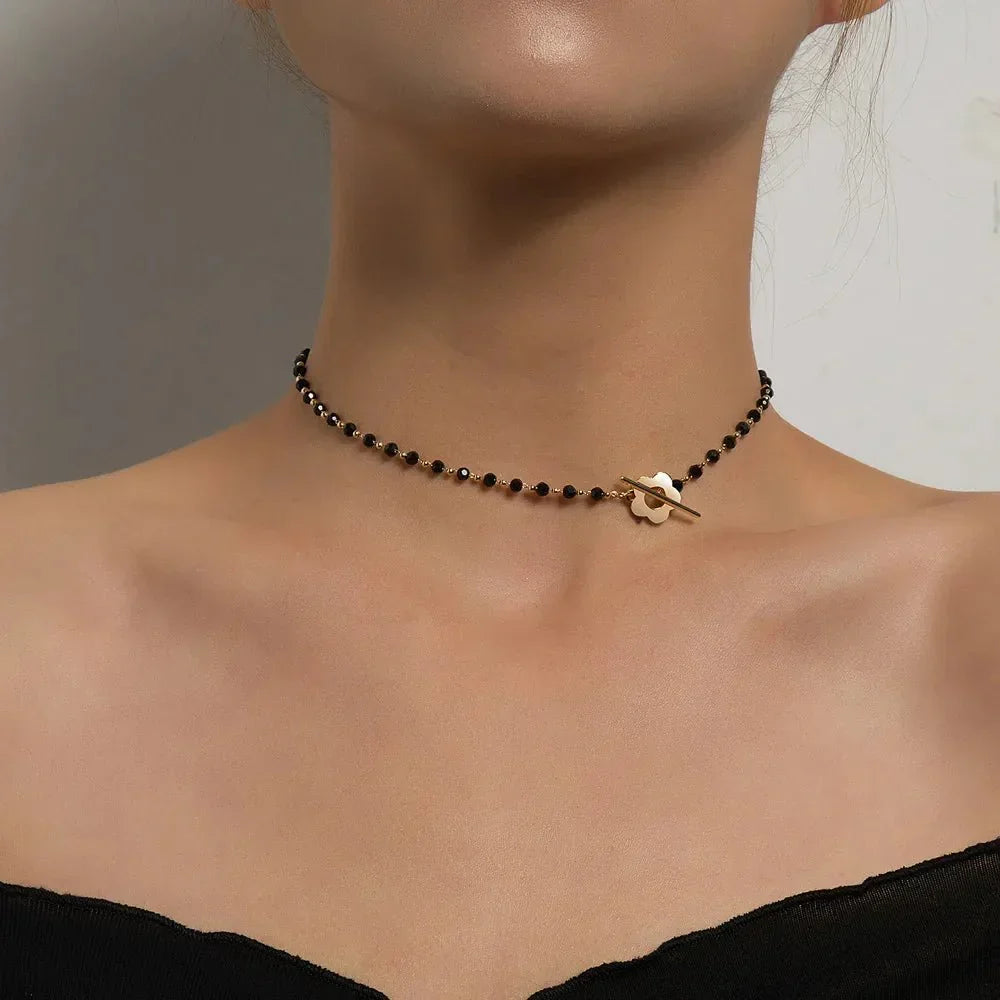 Women’s Beaded Floral Choker Necklace – Black Bead Chain with Flower Toggle Clasp for Day and Evening Wear
