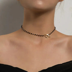Women’s Beaded Floral Choker Necklace – Black Bead Chain with Flower Toggle Clasp for Day and Evening Wear