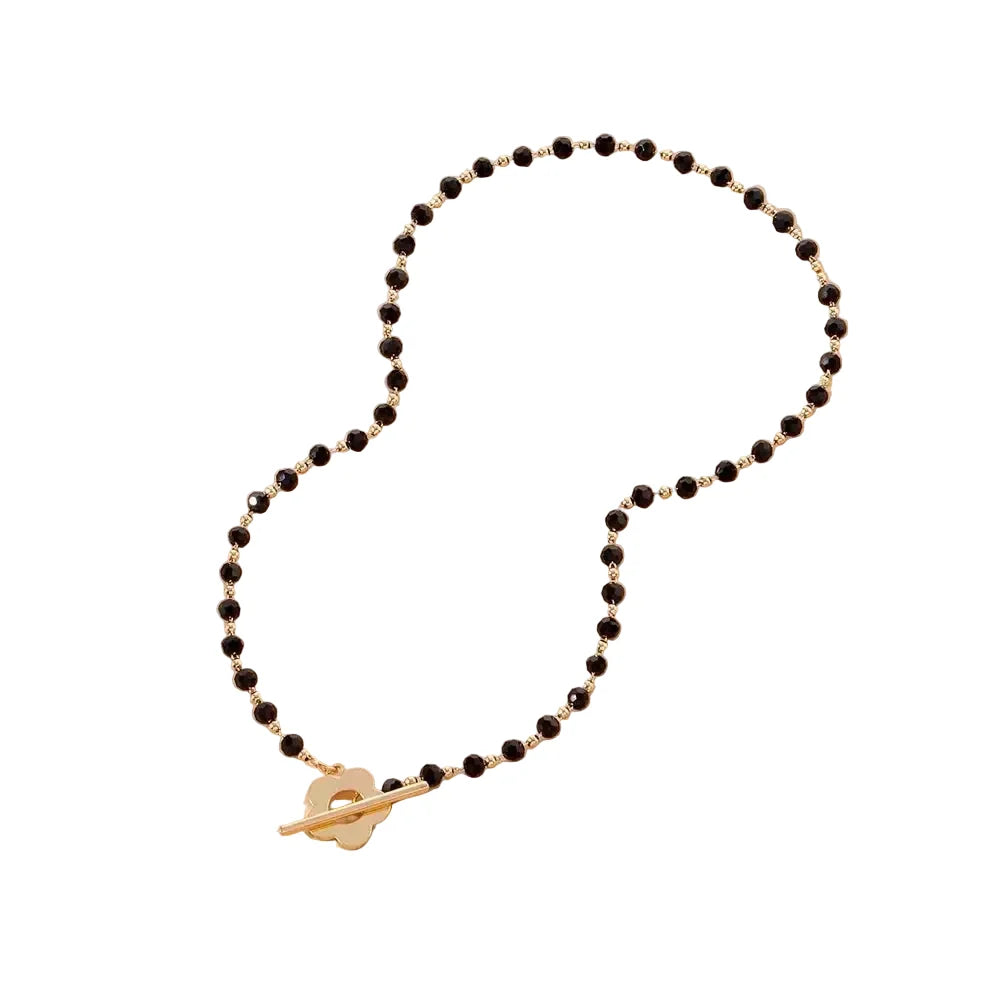 Women’s Beaded Floral Choker Necklace – Black Bead Chain with Flower Toggle Clasp for Day and Evening Wear