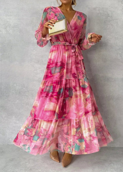 Women’s Printed Wrap Maxi Dress – Belted Long-Sleeve Style for Summer Events