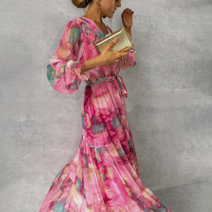 Women’s Printed Wrap Maxi Dress – Belted Long-Sleeve Style for Summer Events