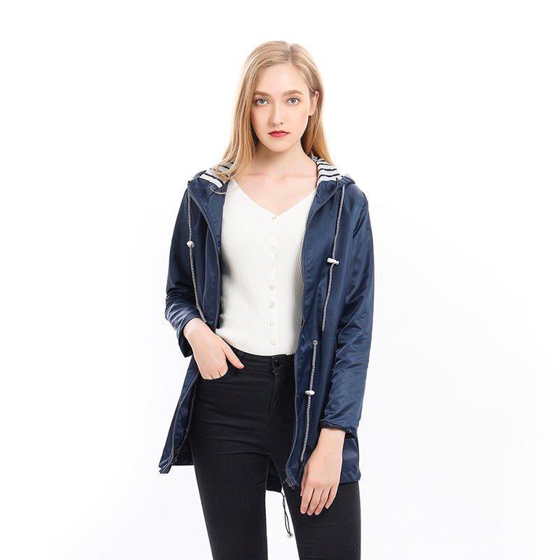 Women’s Long Raincoat – Hooded Mac with Drawstring Waist