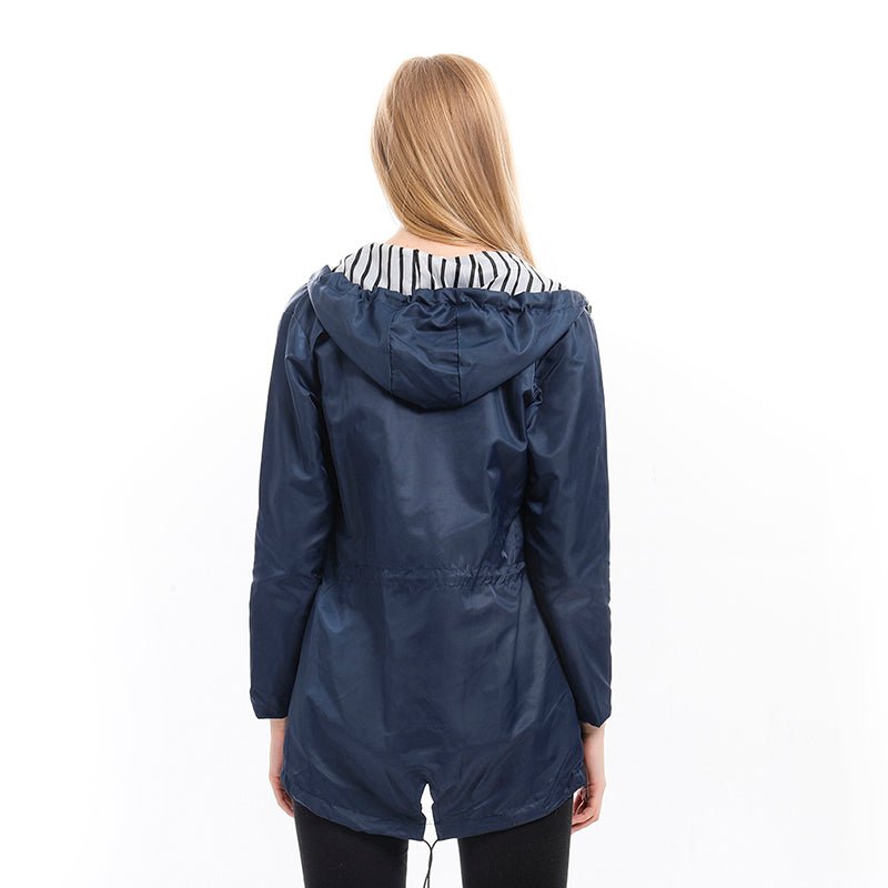 Women’s Long Raincoat – Hooded Mac with Drawstring Waist