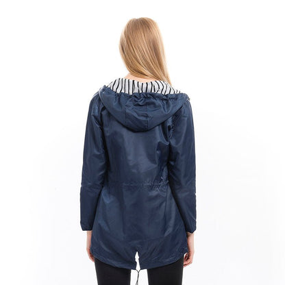 Women’s Long Raincoat – Hooded Mac with Drawstring Waist