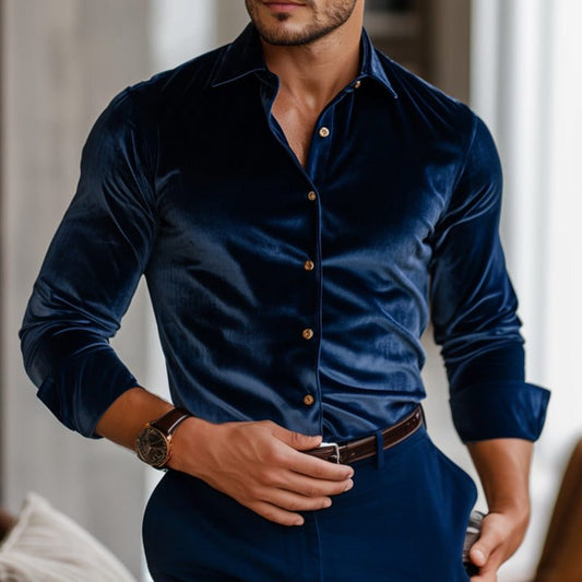 Men’s Velvet Long-Sleeve Shirt – Fitted Button-Up Design with Classic Collar for Dinners and Evening Events