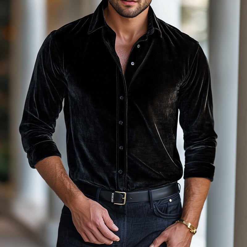 Men’s Velvet Long-Sleeve Shirt – Fitted Button-Up Design with Classic Collar for Dinners and Evening Events