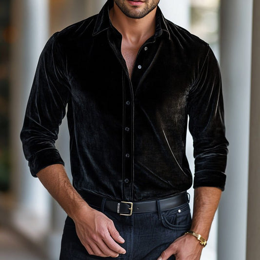 Men’s Velvet Long-Sleeve Shirt – Fitted Button-Up Design with Classic Collar for Dinners and Evening Events