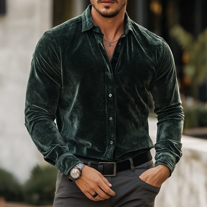 Men’s Velvet Long-Sleeve Shirt – Fitted Button-Up Design with Classic Collar for Dinners and Evening Events