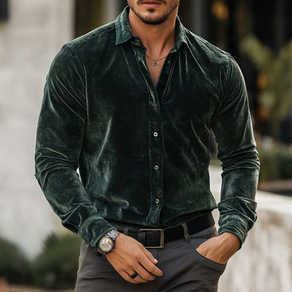 Men’s Velvet Long-Sleeve Shirt – Fitted Button-Up Design with Classic Collar for Dinners and Evening Events