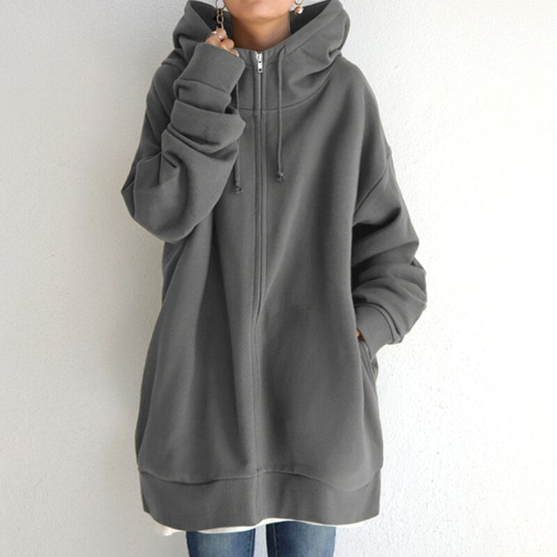 Women’s Oversized Zip-Up Hoodie – Longline Relaxed Sweatshirt Layer with Drawstring Hood for Everyday Comfort