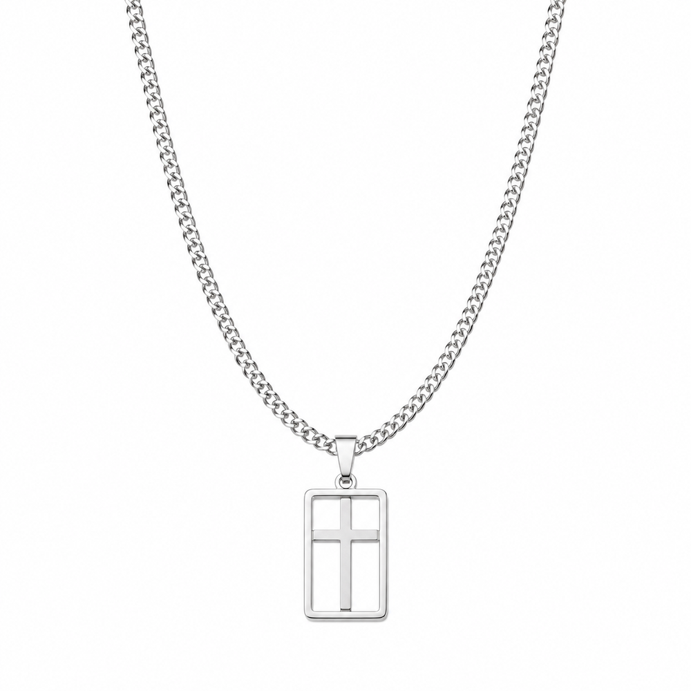 Men's silver tone framed cross pendant necklace