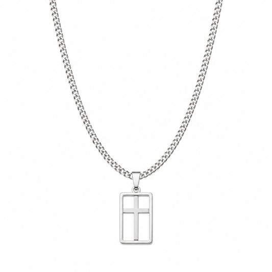 Men's silver tone framed cross pendant necklace