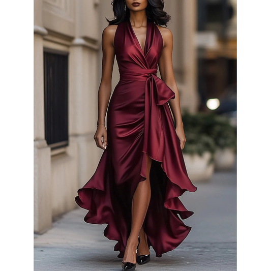 Women’s Halterneck Maxi Dress – Draped Wedding Guest Gown with Ruffle Hem