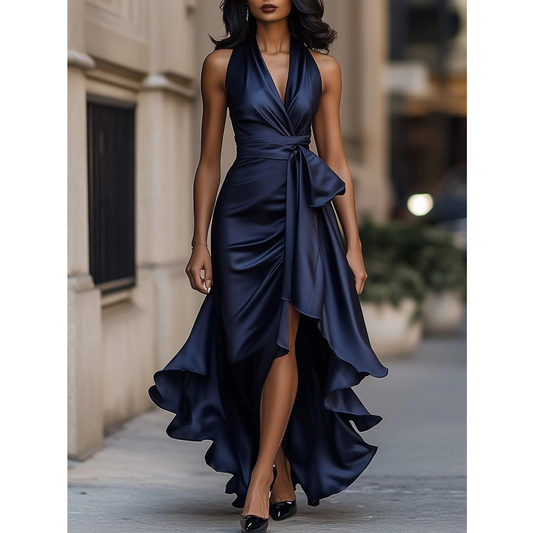 Women’s Halterneck Maxi Dress – Draped Wedding Guest Gown with Ruffle Hem