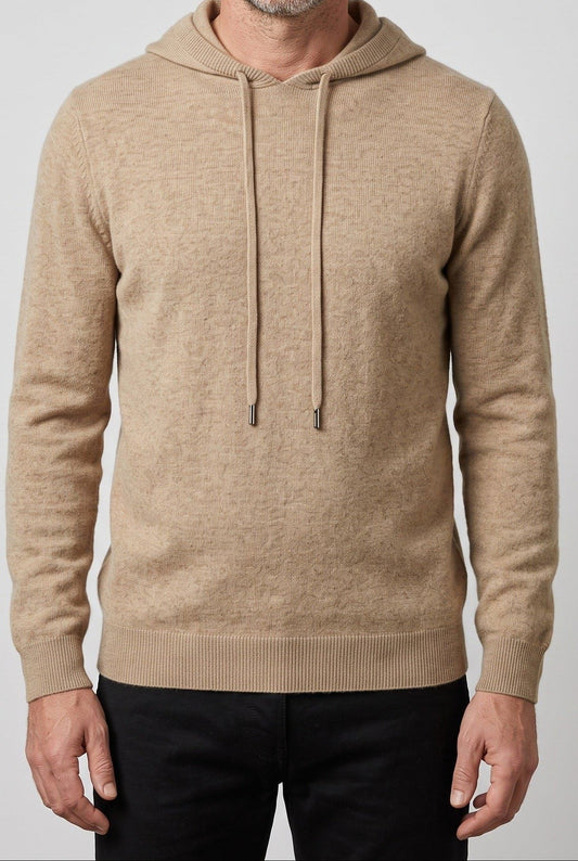 Men’s Knitted Hooded Sweater – Drawstring Pullover with Ribbed Trims for Casual Cold-Weather Layering