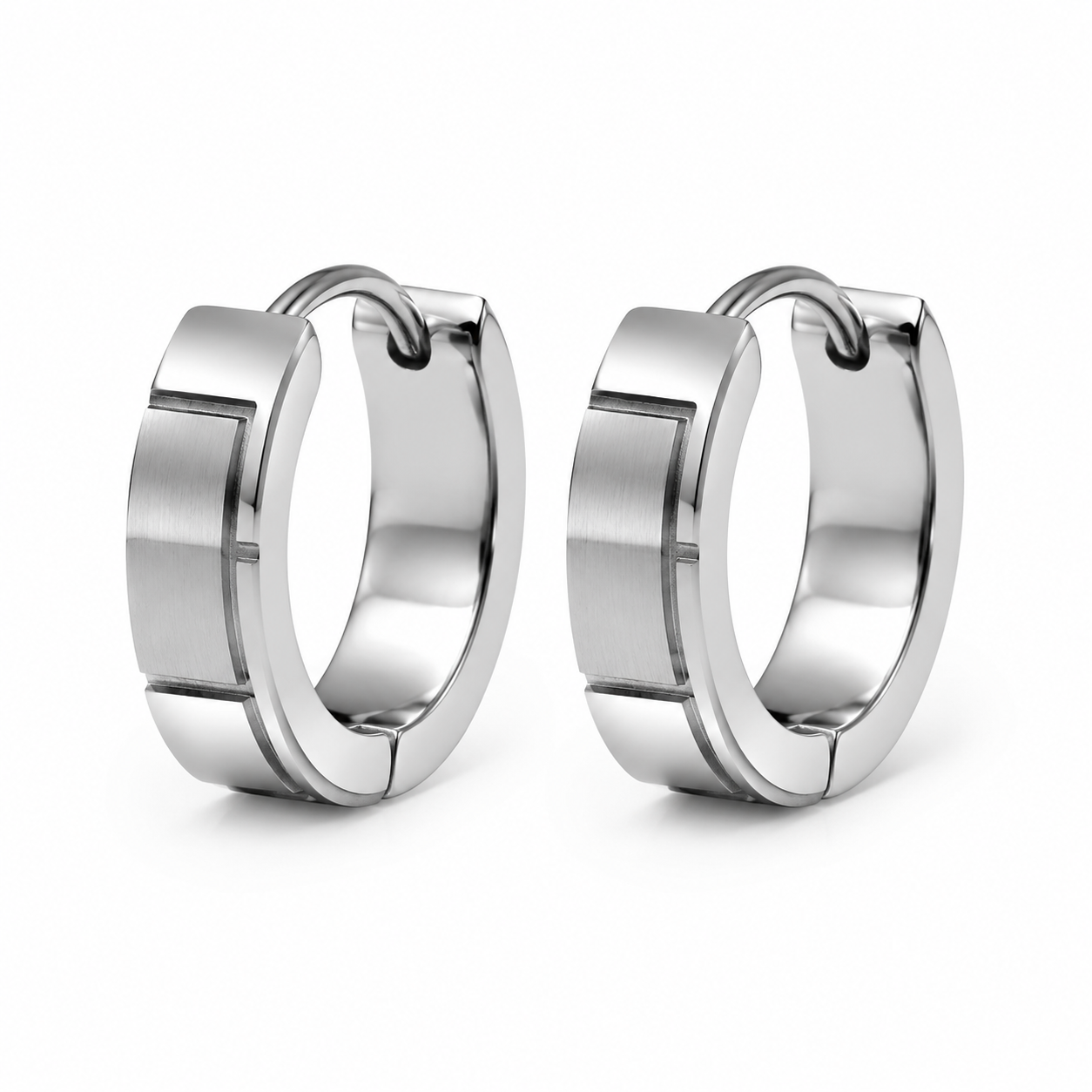 Pair of men's silver tone geometric huggie earrings