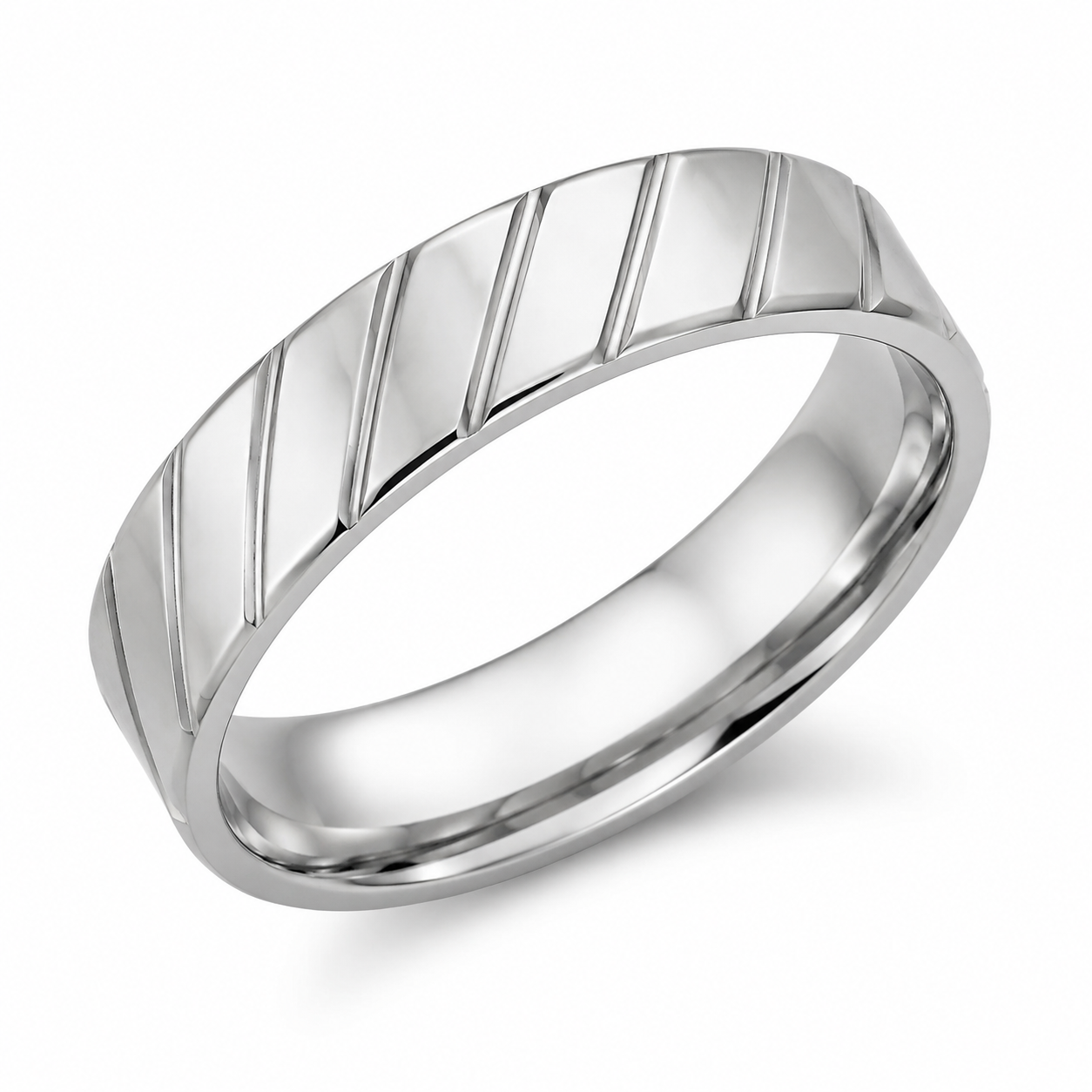 Men's silver tone geometric striped band ring