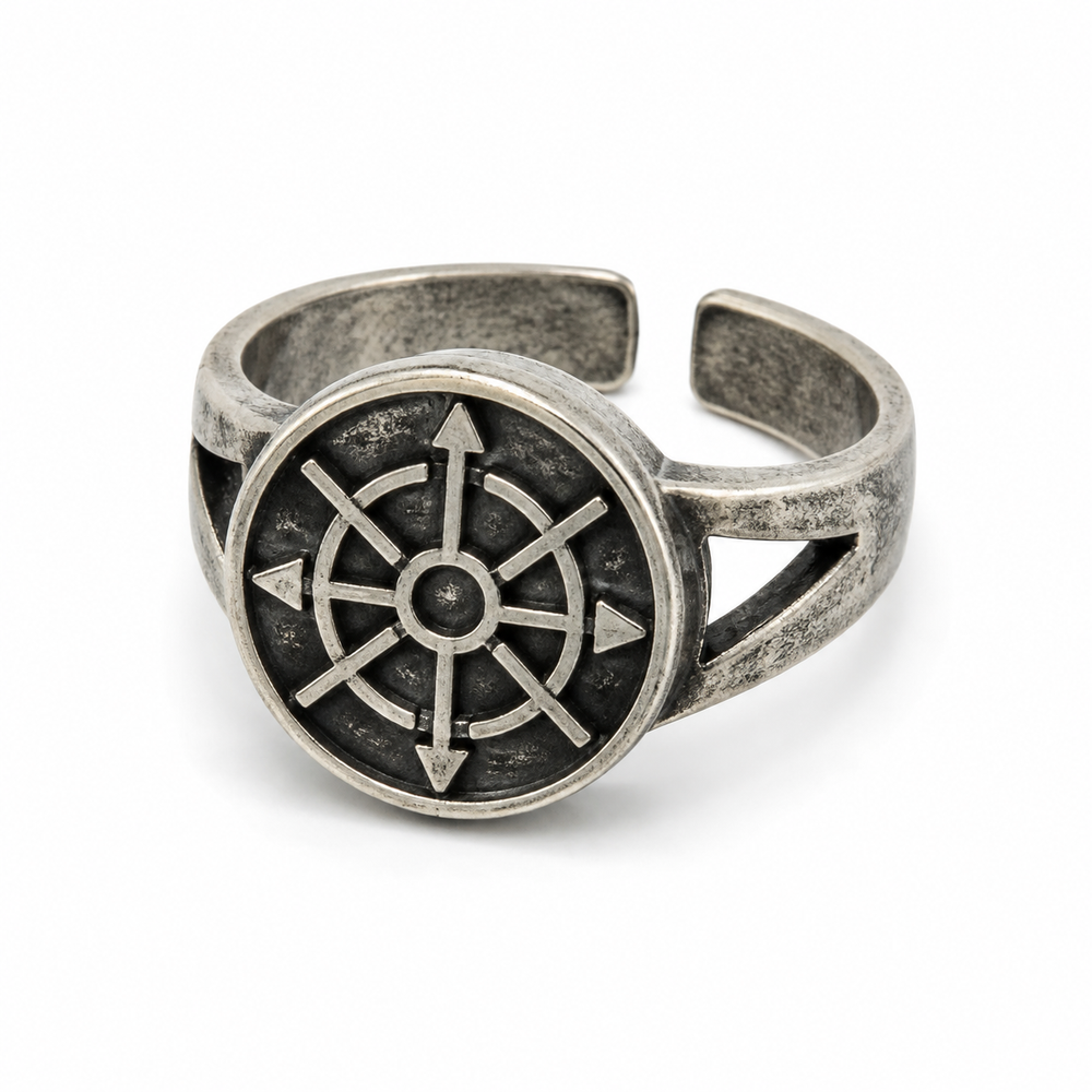 Men's ancient silver tone adjustable geometric symbol ring