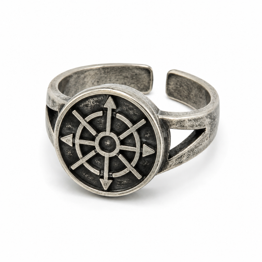 Men's ancient silver tone adjustable geometric symbol ring