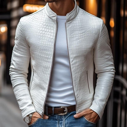 Men’s Crocodile-Embossed Leather Jacket – Stand-Collar Zip-Up Biker Jacket with Zipped Pockets for Smart Casual Wear