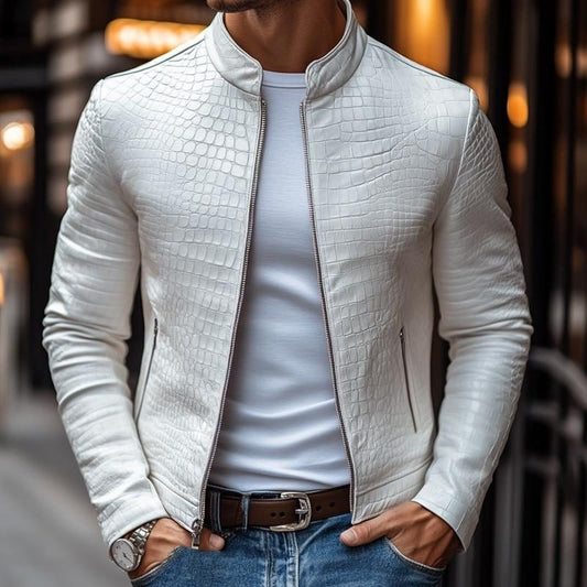 Men’s Crocodile-Embossed Leather Jacket – Stand-Collar Zip-Up Biker Jacket with Zipped Pockets for Smart Casual Wear