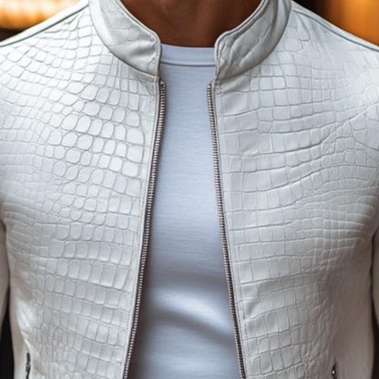 Men’s Crocodile-Embossed Leather Jacket – Stand-Collar Zip-Up Biker Jacket with Zipped Pockets for Smart Casual Wear