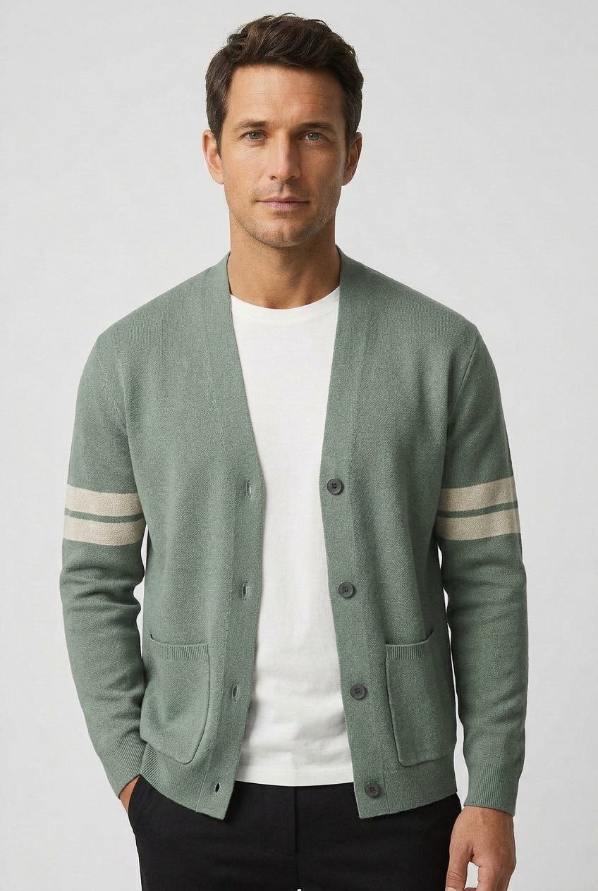 Men’s Striped Knitted Cardigan – Button-Front V-Neck Sweater with Patch Pockets for Smart Casual Layering