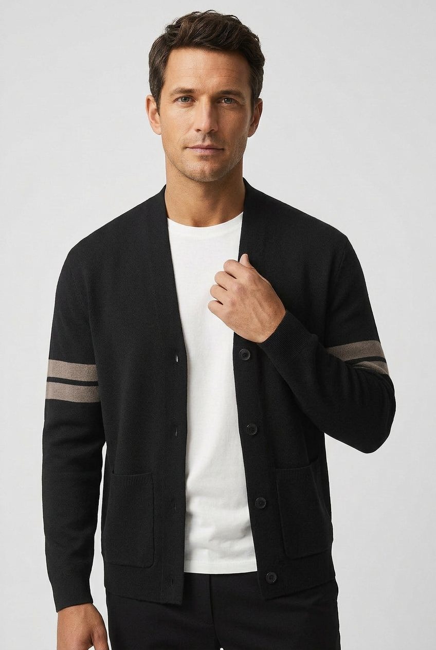 Men’s Striped Knitted Cardigan – Button-Front V-Neck Sweater with Patch Pockets for Smart Casual Layering