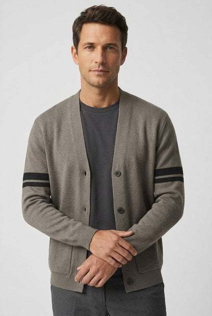 Men’s Striped Knitted Cardigan – Button-Front V-Neck Sweater with Patch Pockets for Smart Casual Layering