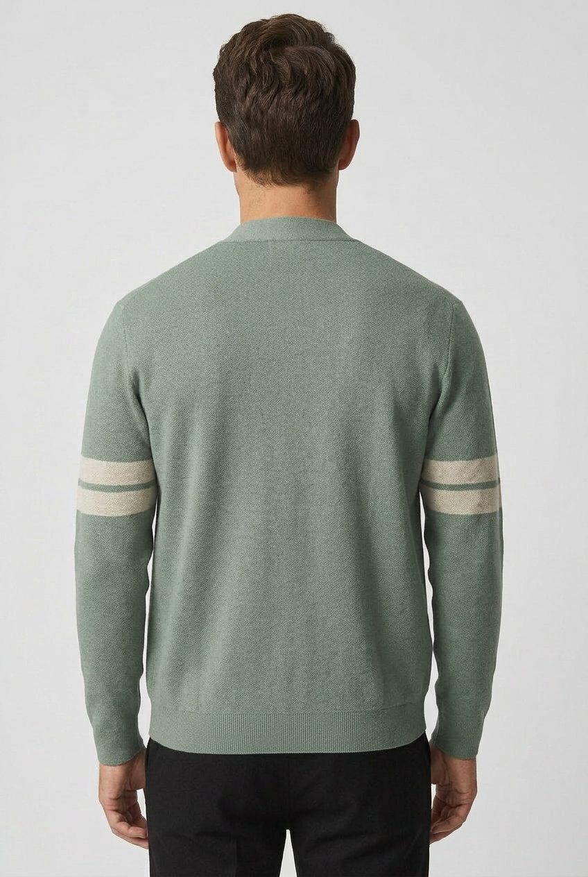 Men’s Striped Knitted Cardigan – Button-Front V-Neck Sweater with Patch Pockets for Smart Casual Layering