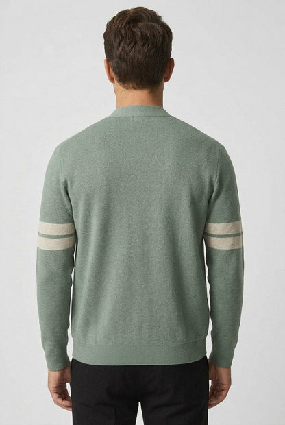 Men’s Striped Knitted Cardigan – Button-Front V-Neck Sweater with Patch Pockets for Smart Casual Layering