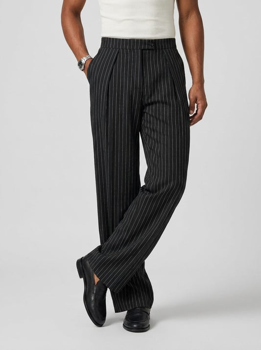 Men’s Pinstripe Wide-Leg Trousers – Pleated Tailored Pants with Side Pockets for Smart Casual and Formal Wear