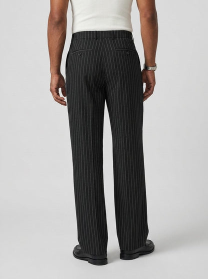 Men’s Pinstripe Wide-Leg Trousers – Pleated Tailored Pants with Side Pockets for Smart Casual and Formal Wear
