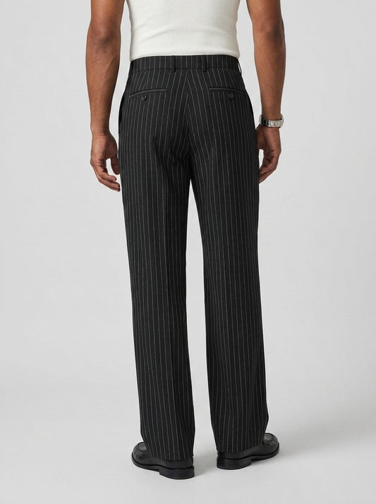 Men’s Pinstripe Wide-Leg Trousers – Pleated Tailored Pants with Side Pockets for Smart Casual and Formal Wear