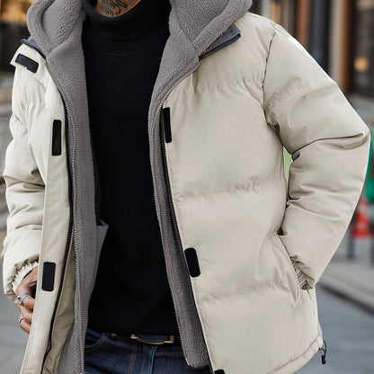 Men’s Fleece-Lined Puffer Jacket – Hooded Quilted Winter Coat with Zip Pockets for Cold-Weather Wear