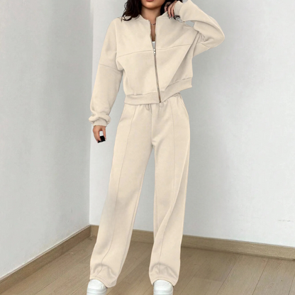 Women’s Zip-Front Two-Piece Set – Cropped Long-Sleeve Jacket with Drawstring Straight-Leg Trousers for Casual Wear