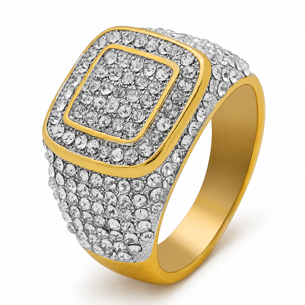gold zircon ring on white background