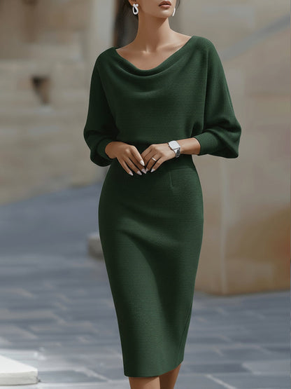 Women’s Cocktail Dress – Midi Dress with Cowl Neck and Ruched Waist