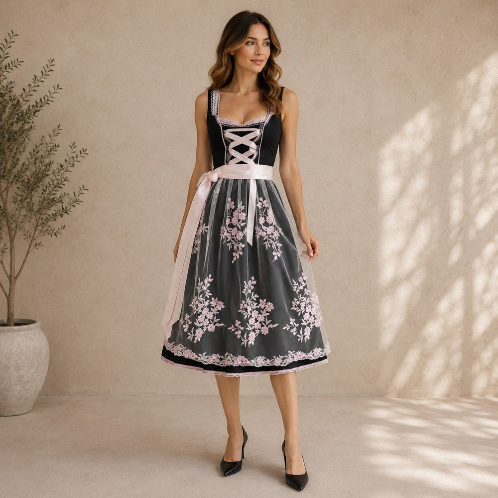 Women’s Floral Dirndl Dress – Lace-Up Oktoberfest Midi with Embroidered Apron