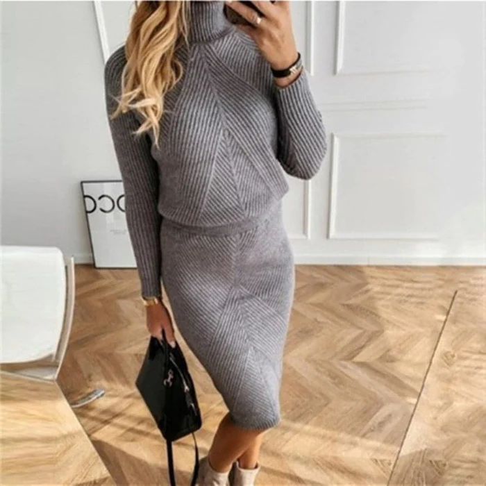 Women’s Directional Rib Knit Skirt Set – V-Neck Long-Sleeve Jumper with Fitted Midi Skirt for Smart Casual Wear