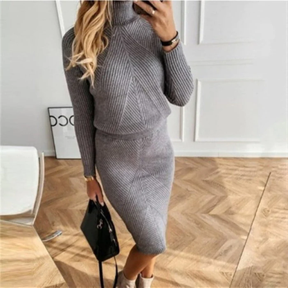 Women’s Directional Rib Knit Skirt Set – V-Neck Long-Sleeve Jumper with Fitted Midi Skirt for Smart Casual Wear