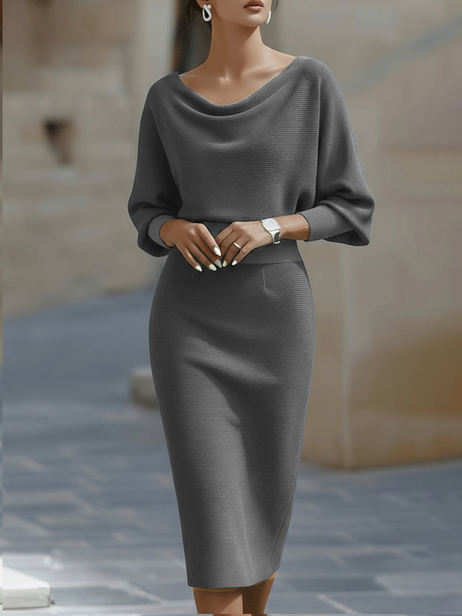Women’s Cocktail Dress – Midi Dress with Cowl Neck and Ruched Waist