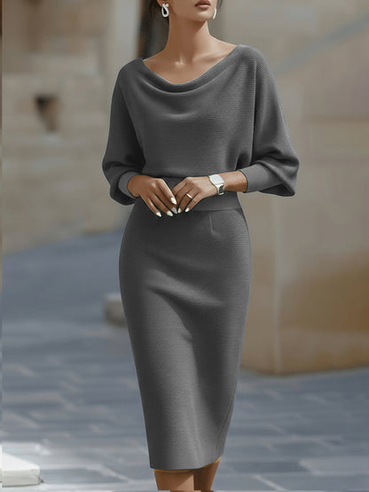 Women’s Cocktail Dress – Midi Dress with Cowl Neck and Ruched Waist