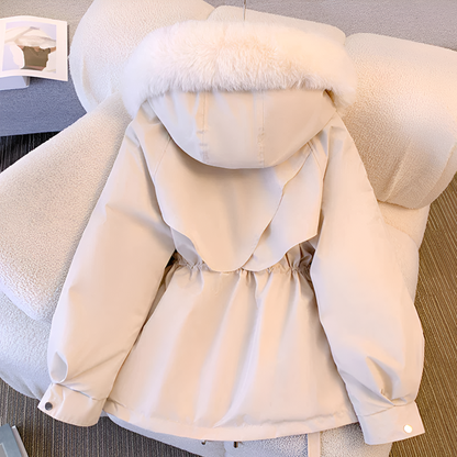 Women’s Short Quilted Jacket – Faux Fur Hooded Coat with Drawstring Waist